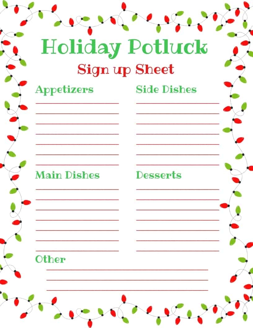 potluck sign up sheet printable