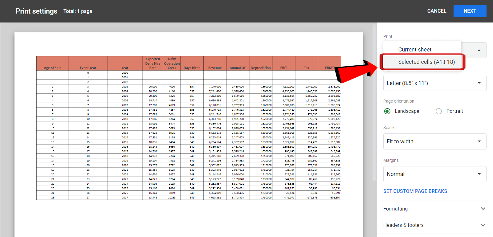 google sheets printable area
