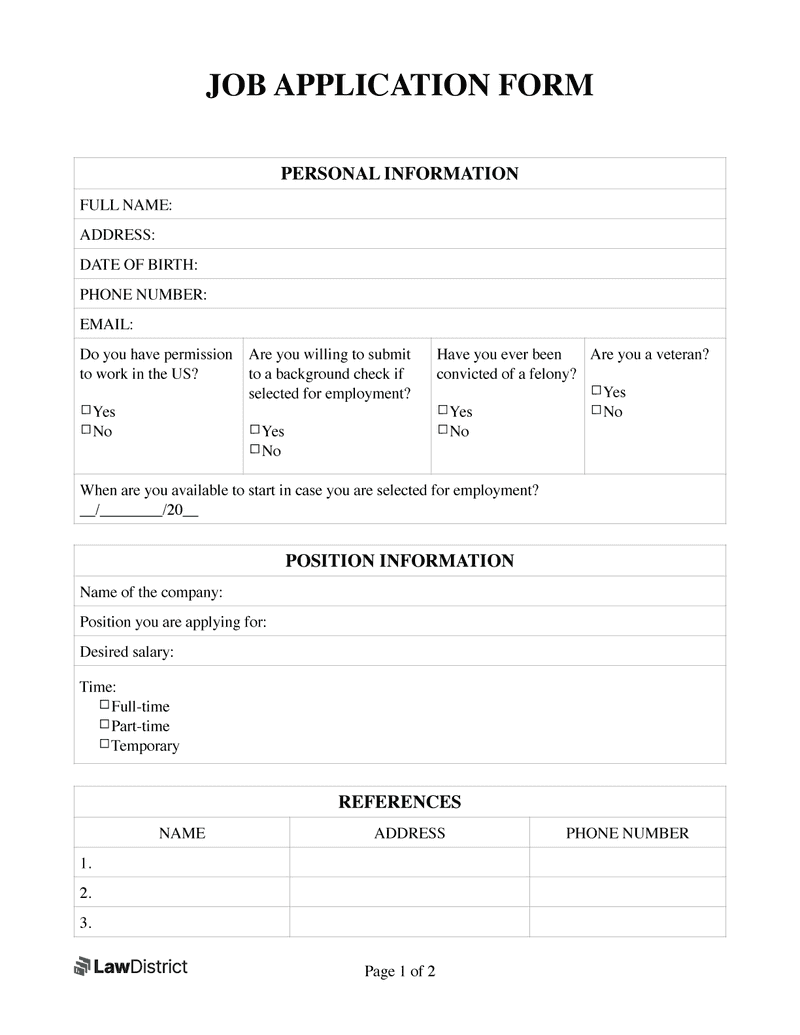 Job Application Form Free Simple PDF Template Lawdistrict