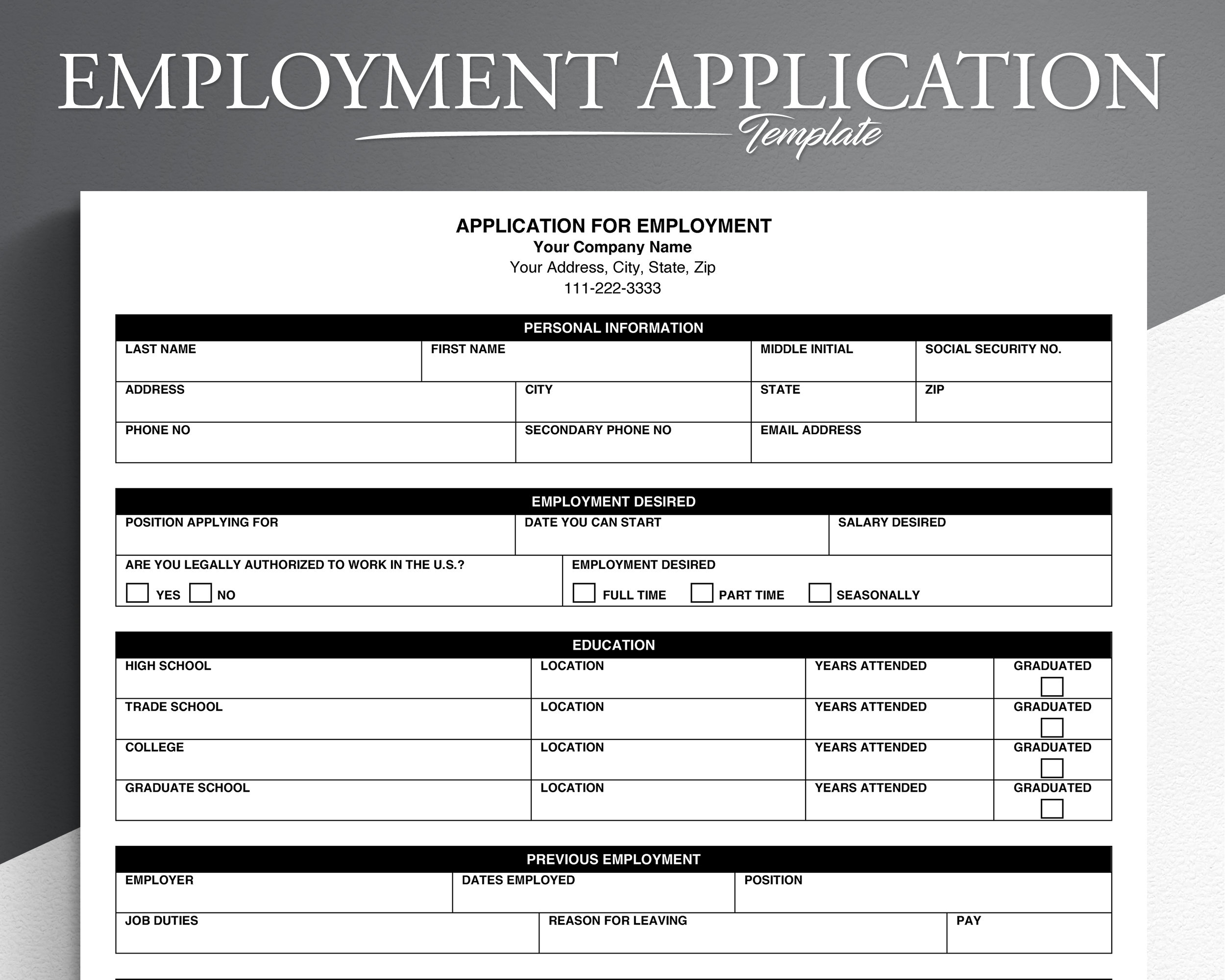 printable employment application template