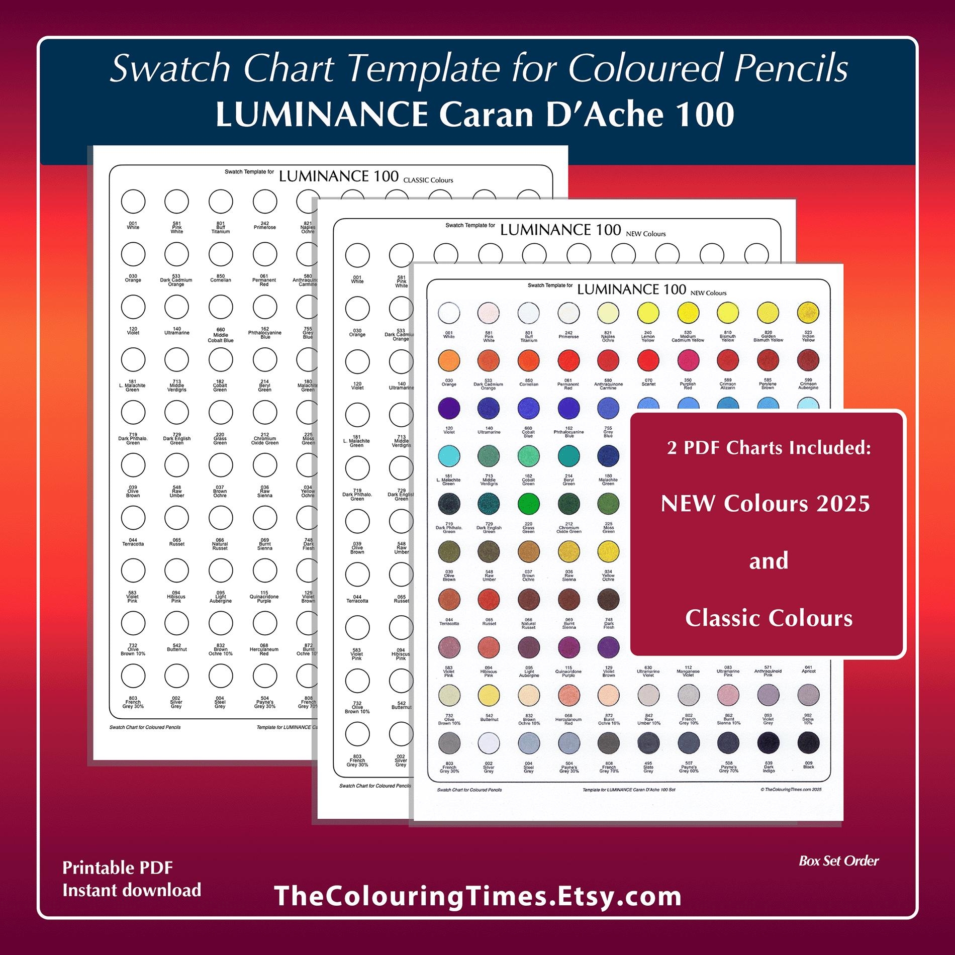 Luminance 100 Swatch Chart Print And Colour Blank Template For Artist Coloured Pencils Set Caran D ache 2XPDF Swatches New And Classic Names Etsy