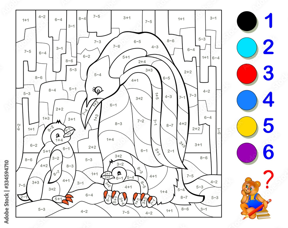 Math Education For Children Coloring Book Mathematical Exercises On Addition And Subtraction Solve Examples And Paint Penguins Developing Counting Skills Printable Worksheet For Kids Textbook Stock Vector Adobe Stock