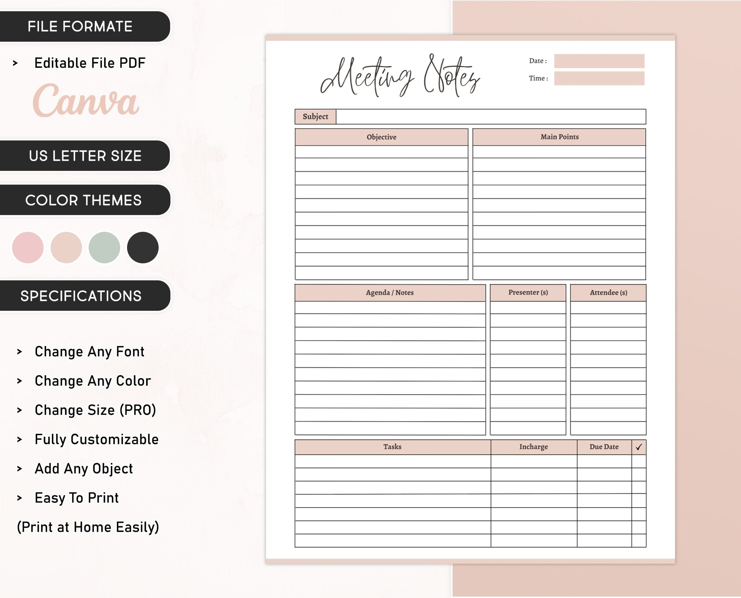 Meeting Notes Template Printable Meeting Agenda PDF Meeting Notes Planner For Business School Meeting Notes Tracker Instant Download Etsy
