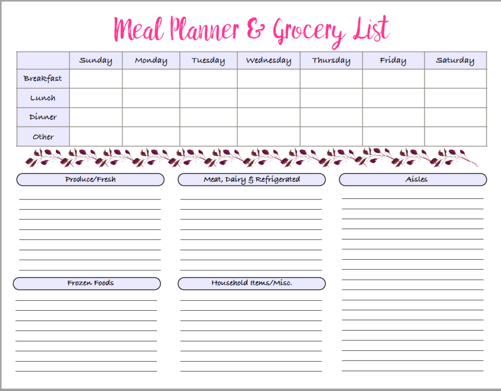 Menu Grocery Printables Menu Grocery Printables