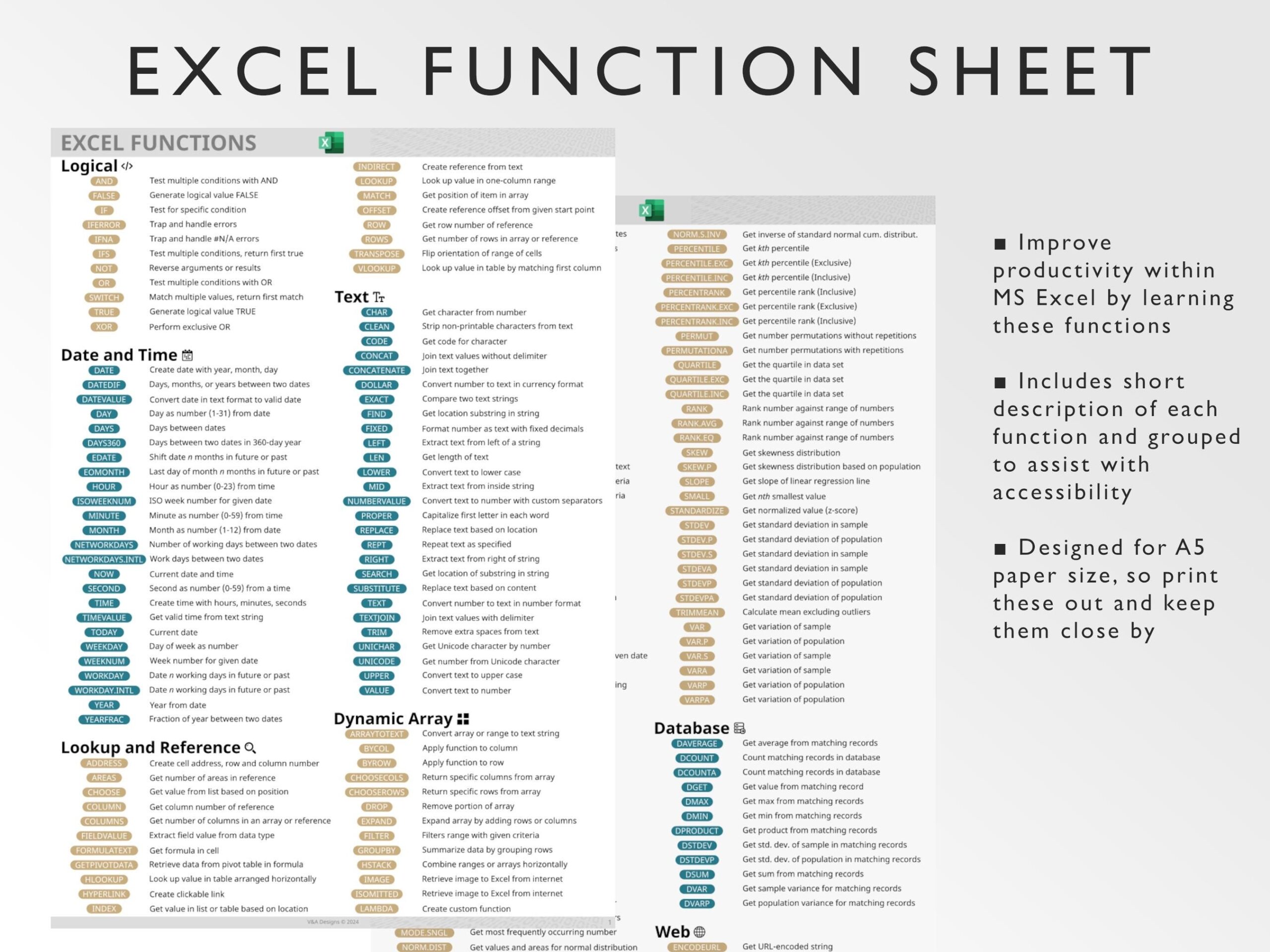 Microsoft Excel Functions Printable Excel Cheat Sheet Workbook Productivity Excel Formulas Windows Mac Excel Ninja Gold Etsy