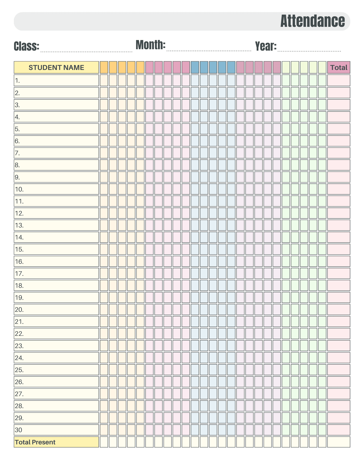 attendance sheet printable