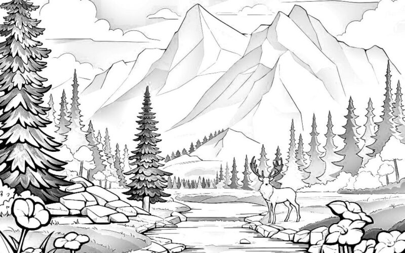 Nature Coloring Page River Mountains Trees PDF Printable Etsy