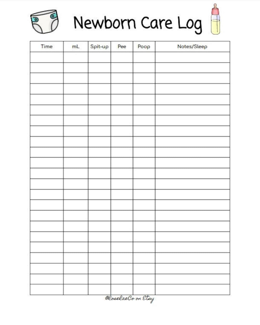 Newborn Care Log Printable Infant Baby Feeding PDF Tracker Milk 8 5x11 Digital Download Etsy