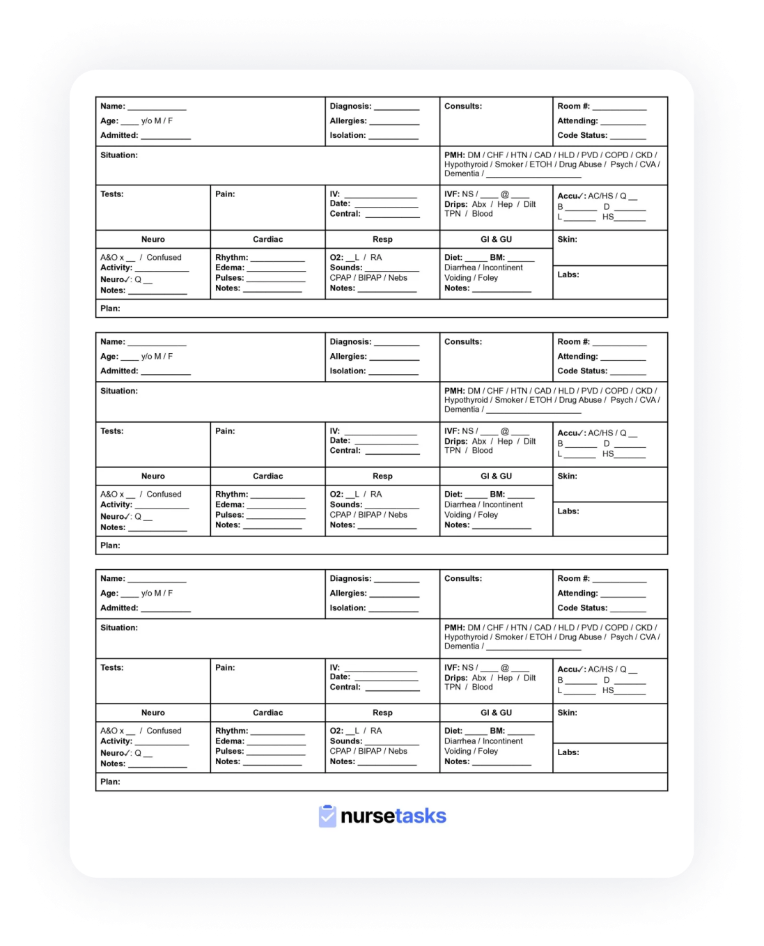 printable nursing report sheet