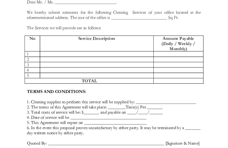 Office Cleaning Services Bid Proposal Form Fill Online Printable Fillable Blank PdfFiller
