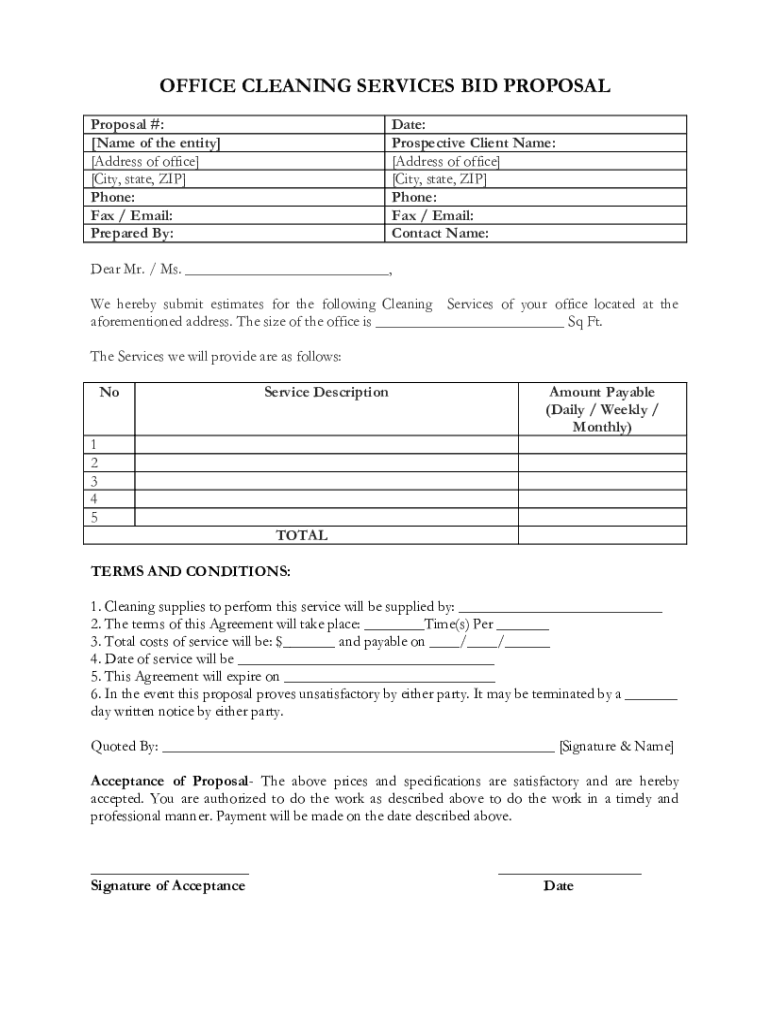 Office Cleaning Services Bid Proposal Form Fill Online Printable Fillable Blank PdfFiller