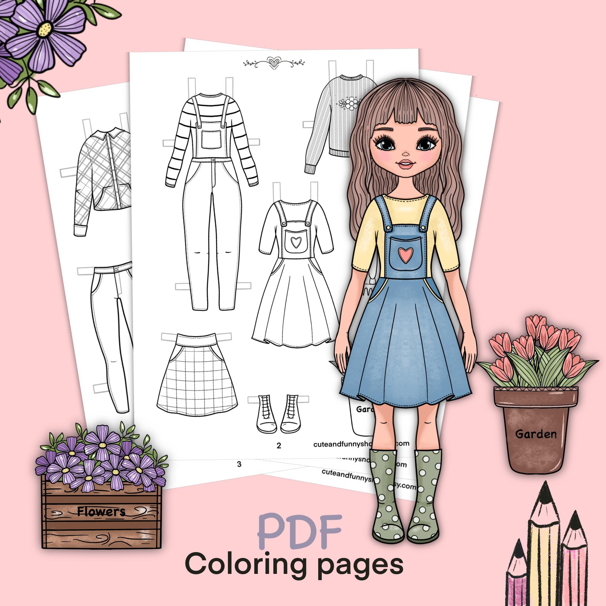 Paper Doll Printable With Clothes Coloring Page Book Outline Digital Download Dress Up Cutout Toy Game Activity Play For Children Etsy