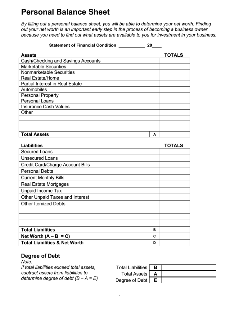 Personal Balance Sheet Form Fill Online Printable Fillable Blank PdfFiller