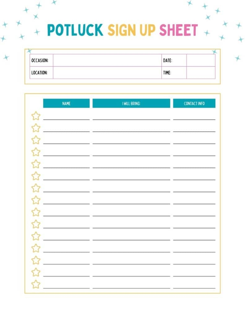 printable potluck sign up sheet