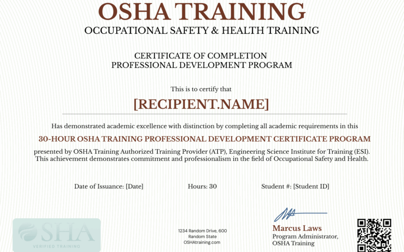 Printable And Professional OSHA 30 Certificate Template