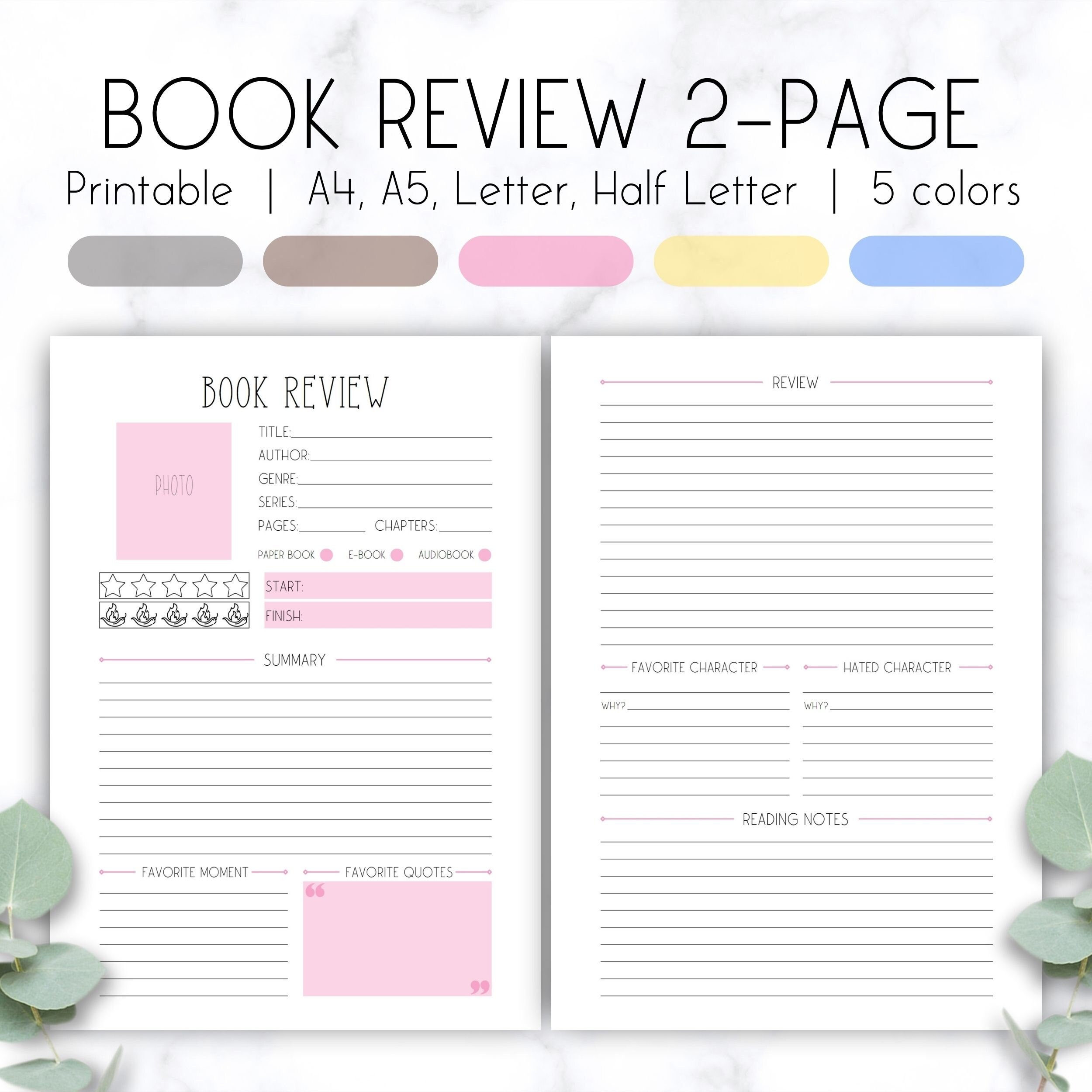 Printable Book Review Template Reading Journal For Book Lovers digital Download Etsy