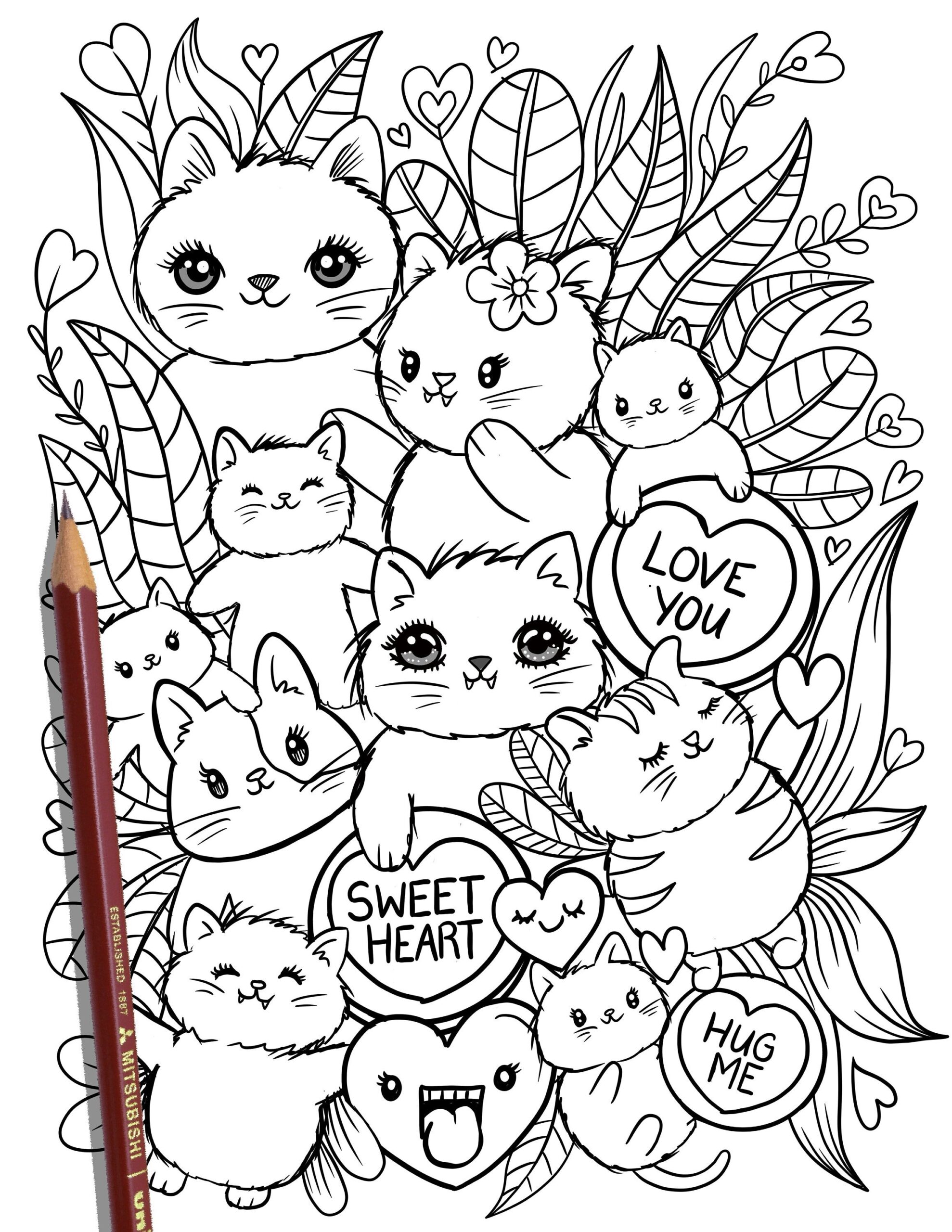 PRINTABLE Cute Kitty Cats Coloring Page Hand drawn Coloring Sheet Cat Doodles Coloring Page Kids Coloring Page Adult Coloring Etsy Israel