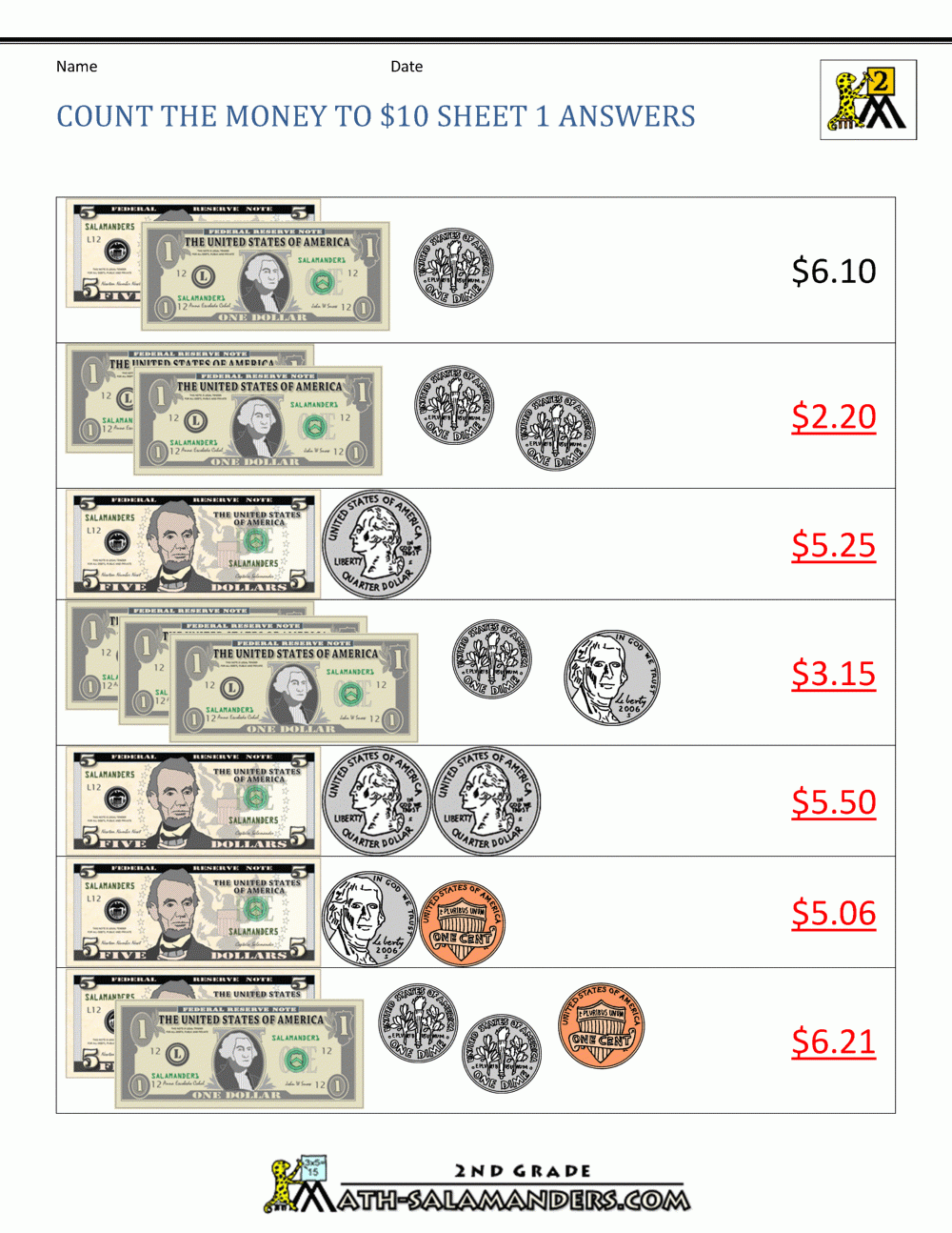 Printable Money Worksheets To 10