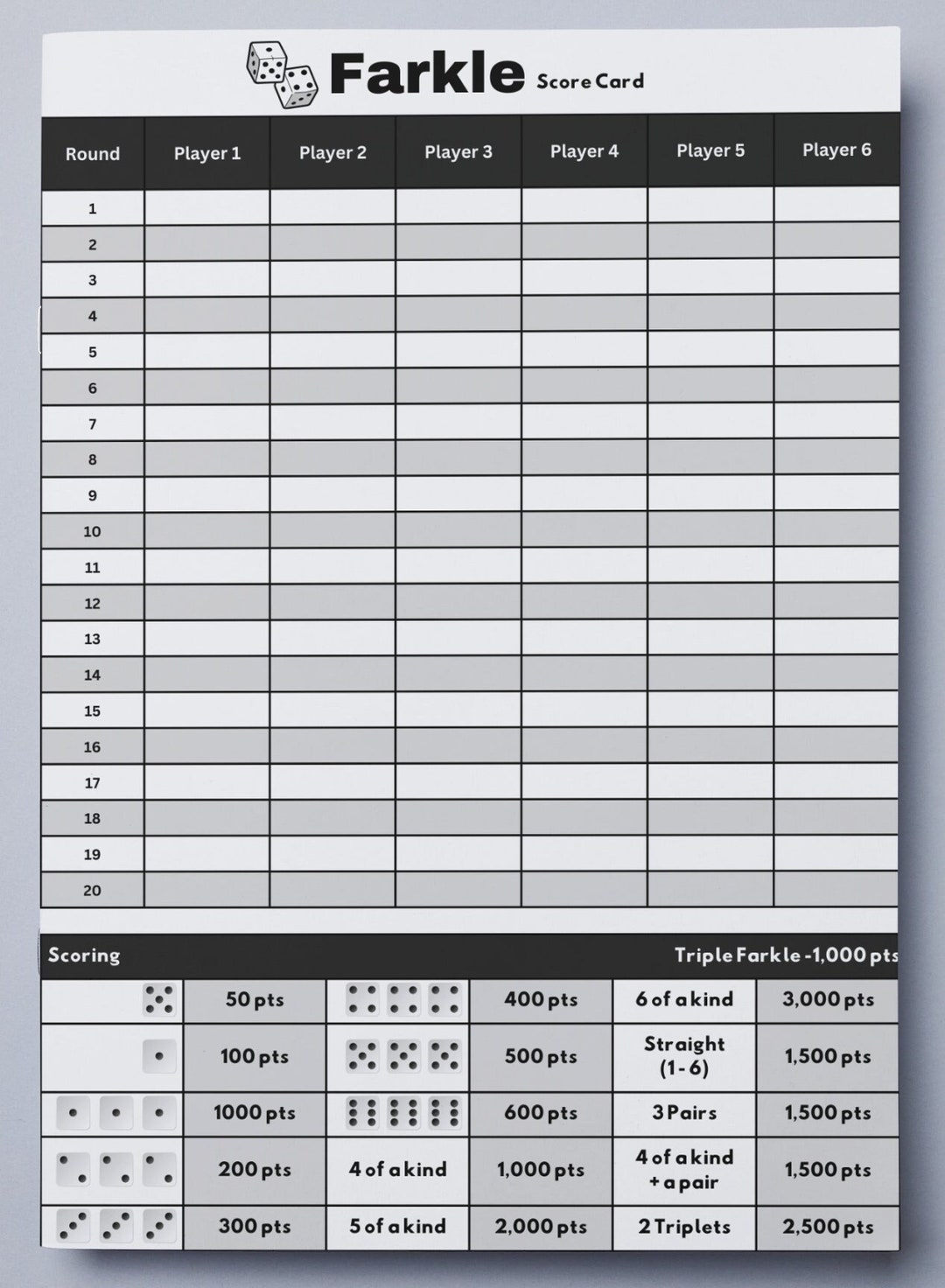 Printable Replacement Score Sheet Compatible With Farkle A0 A1 A2 A3 A4 A5 A6 US Letter PDF Formats Etsy