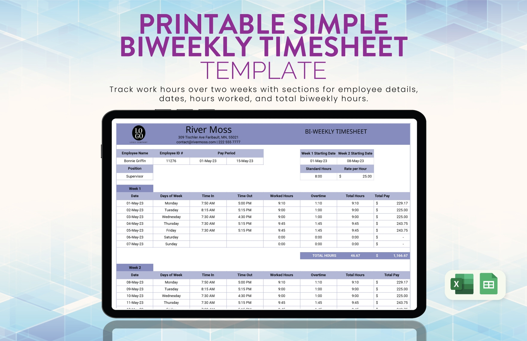 printable simple biweekly timesheet template