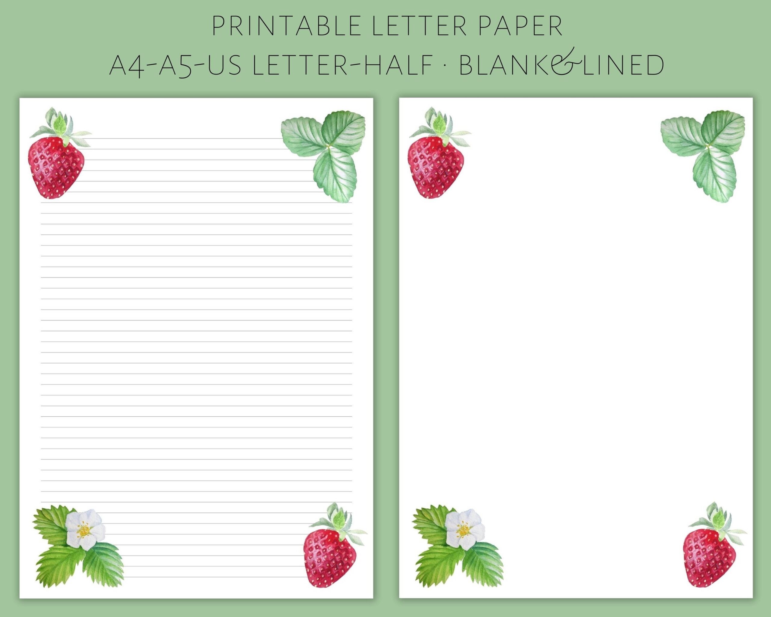 Printable Strawberry Letter Paper Lined Blank digital Download Etsy