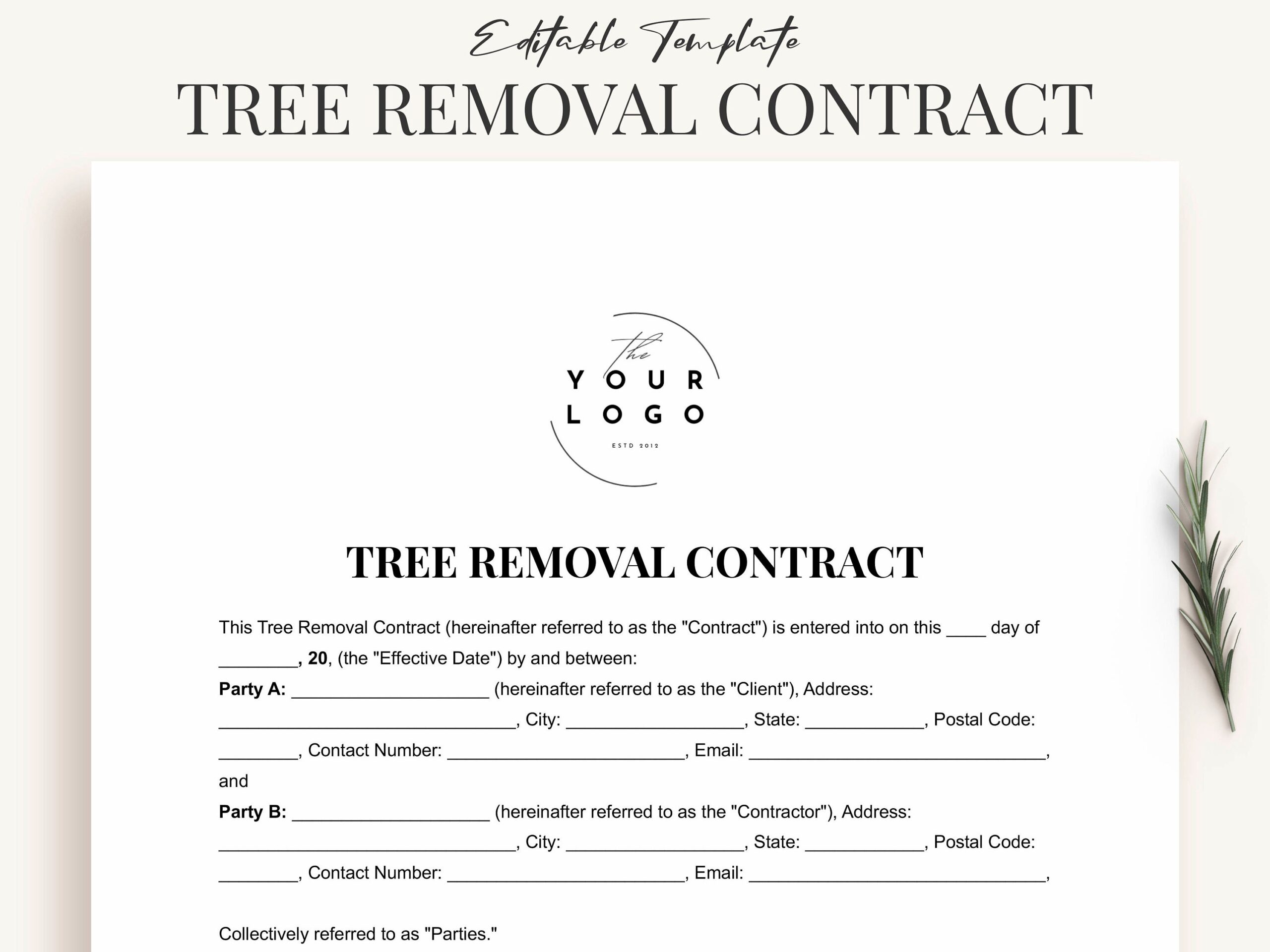 Printable Tree Removal Contract Template Word Customizable PDF Agreement For Tree Removal Etsy
