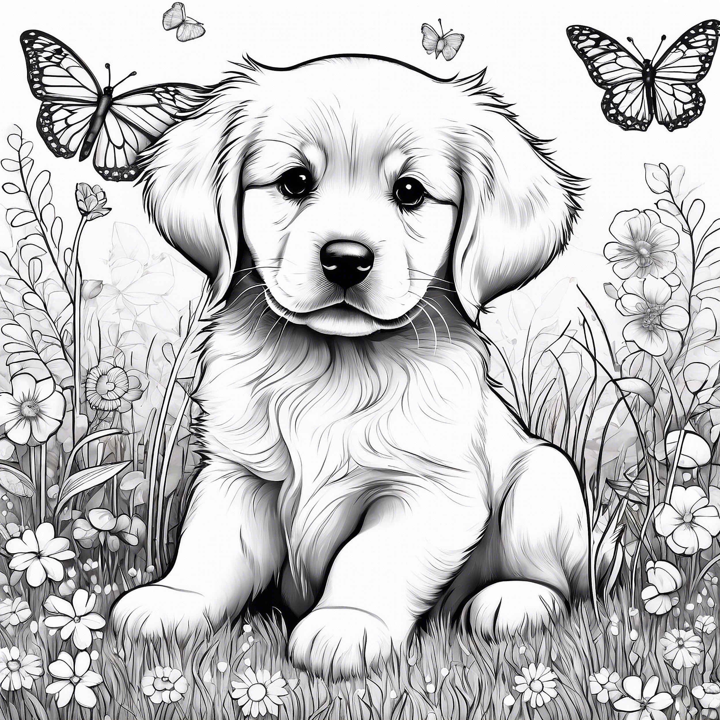 Puppy Coloring Page Flowers Butterflies Printable Dog Art digital Download Etsy