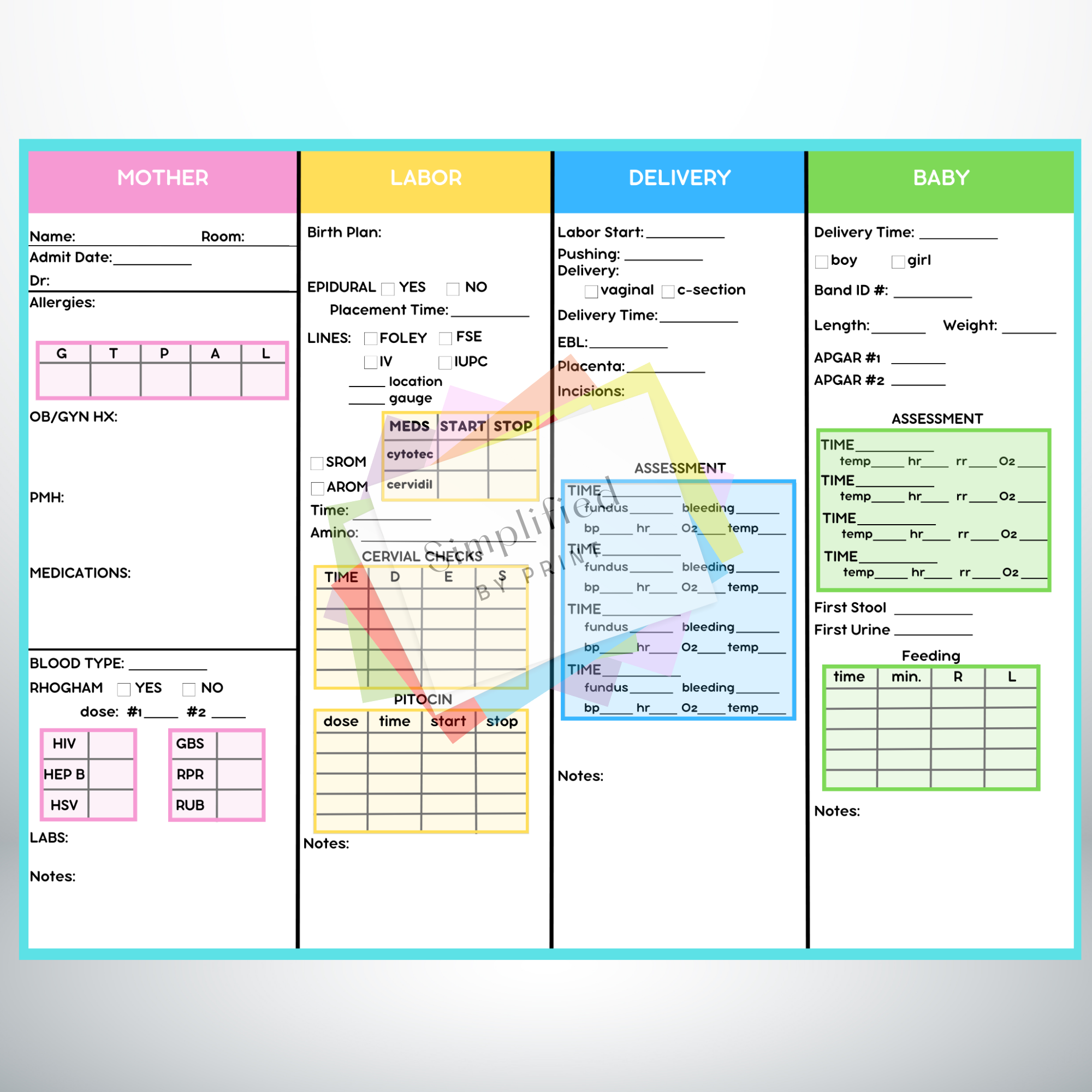 Registered Nurse Labor And Delivery Report Sheet Nursing Report Sheet L D Report Sheet Mother Baby Report Sheet Simplified By Print