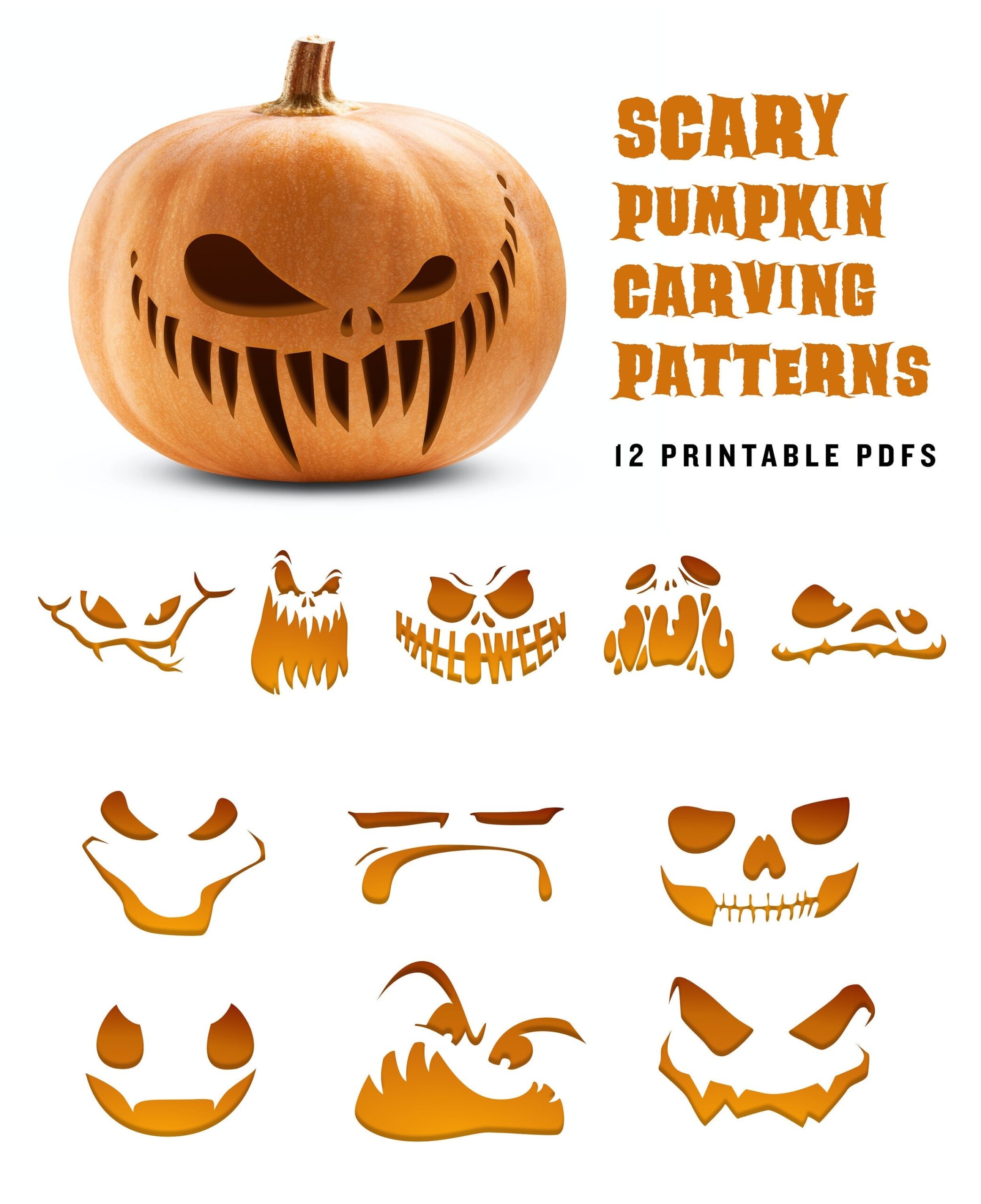 Scary Pumpkin Carving Pattern Angry Jack o lantern Printable Templates Etsy