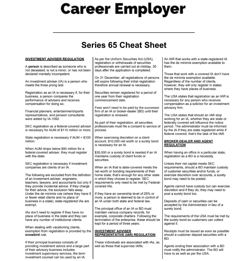 Series 65 Cheatsheet 2025 Reduce Your Study Time Effectively
