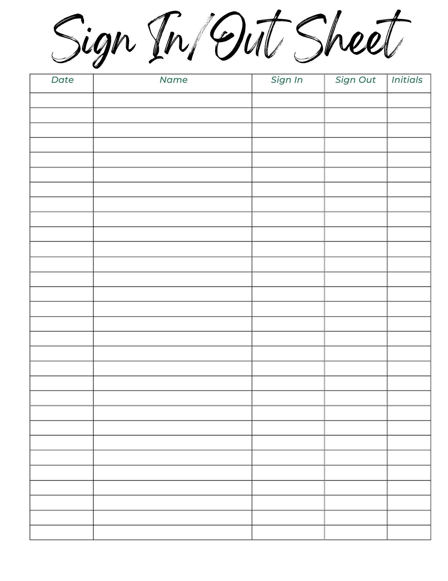 Sign In And Out Sheet Printable Form Digital File Instant Download Editable Black aqua white Edition Etsy