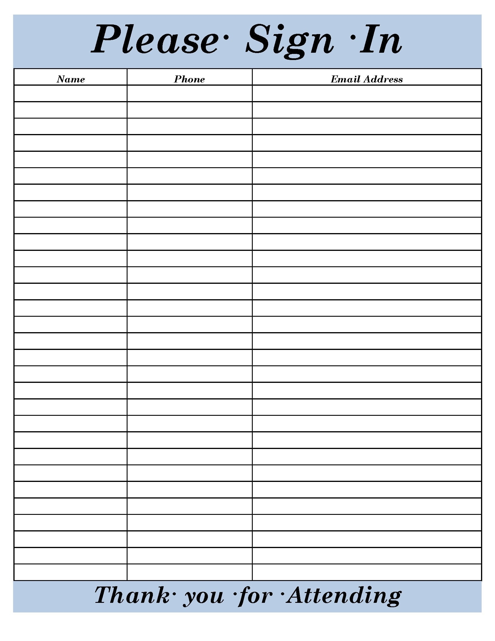 printable sign in sheet template