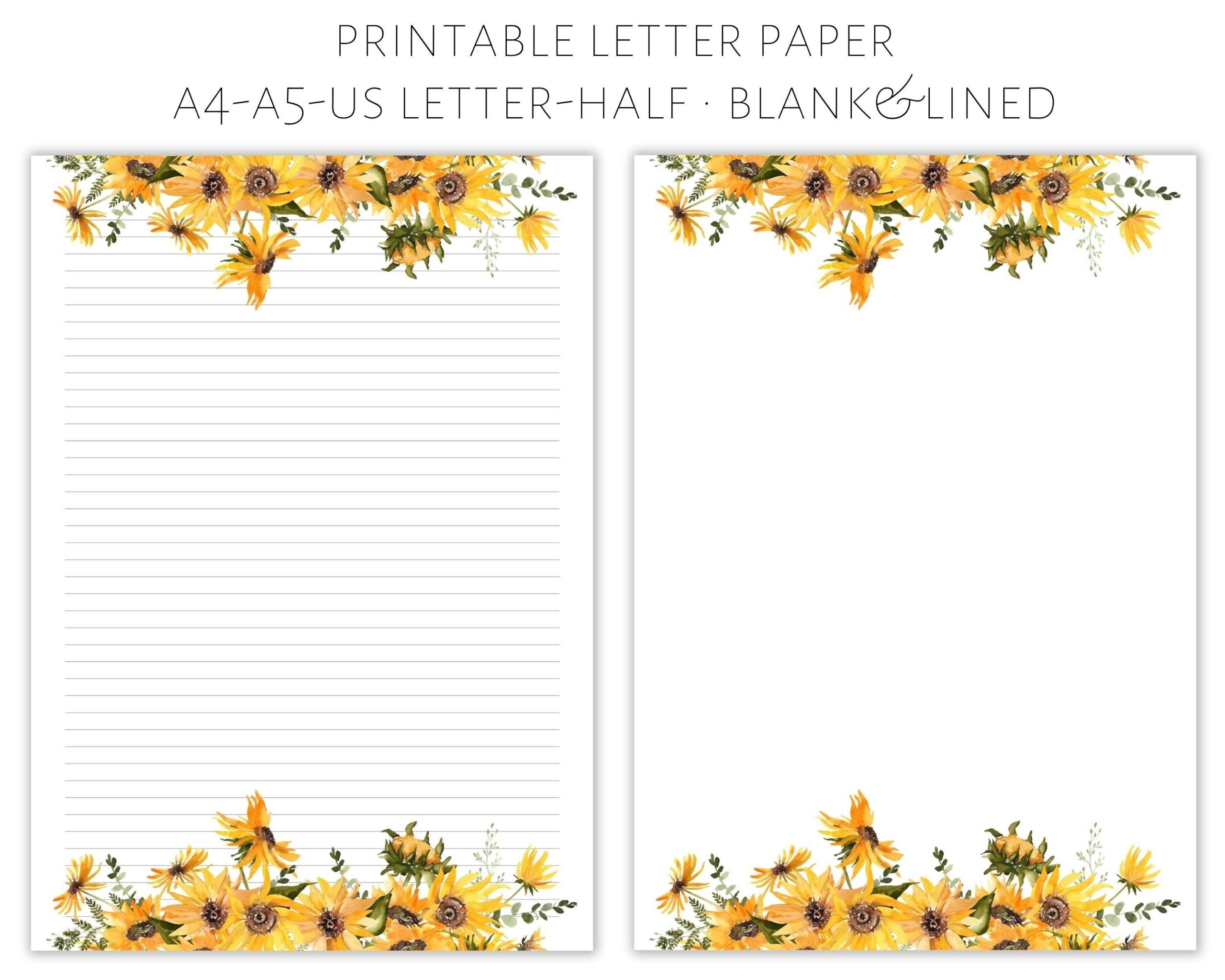 Sunflower Printable Letter Paper Floral Stationery digital Download Etsy