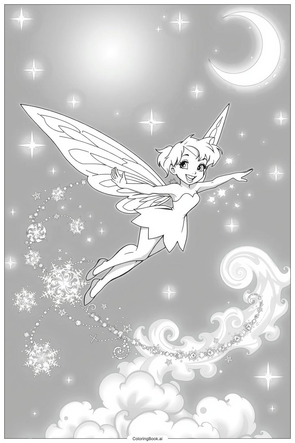 Tinkerbell Flying With Sparkles Coloring Page Free PDF PNG Printable 