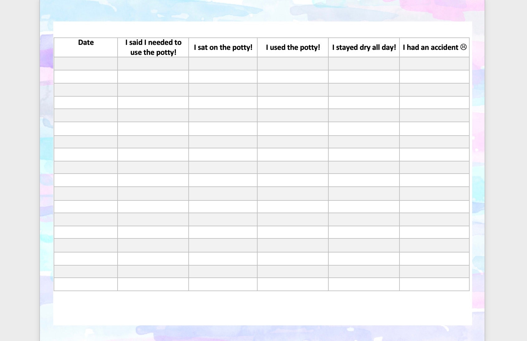 Toilet Training Tracker Spreadsheet printable Editable Etsy