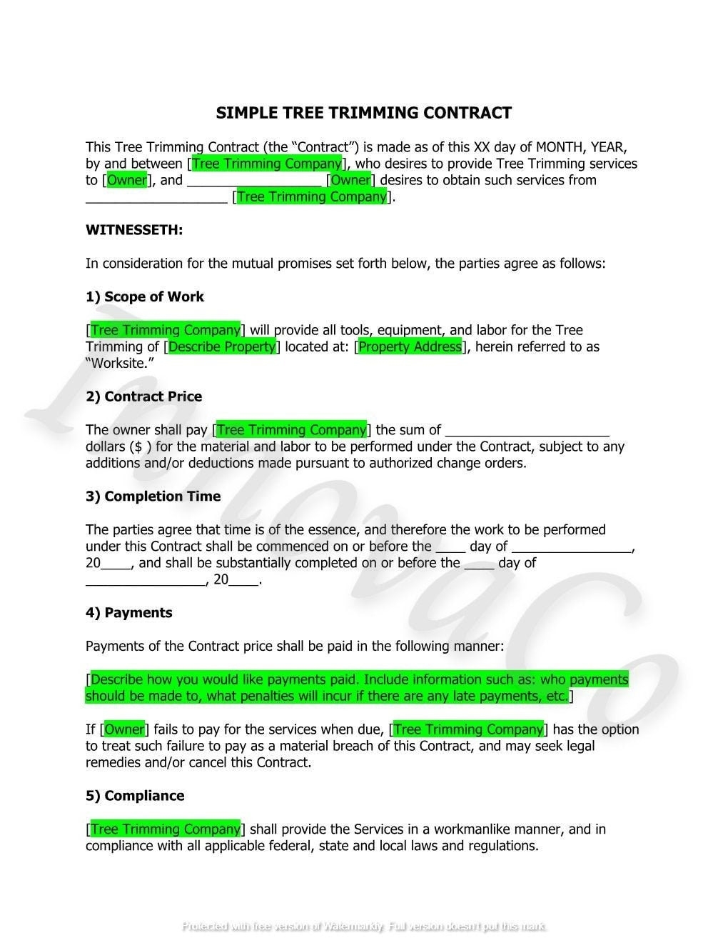 Tree Trimming Contract Template Tree Removal Contract Agreement Tree Service Contract Arborist Contract Tree Service Terms And Condition Etsy