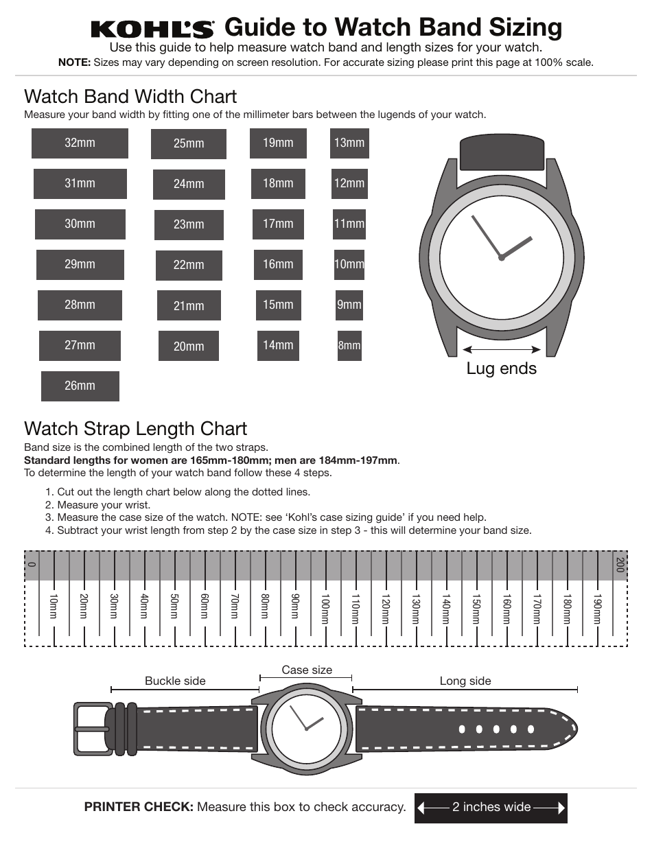 Watch Band Size Chart Kohl s Download Printable PDF Templateroller