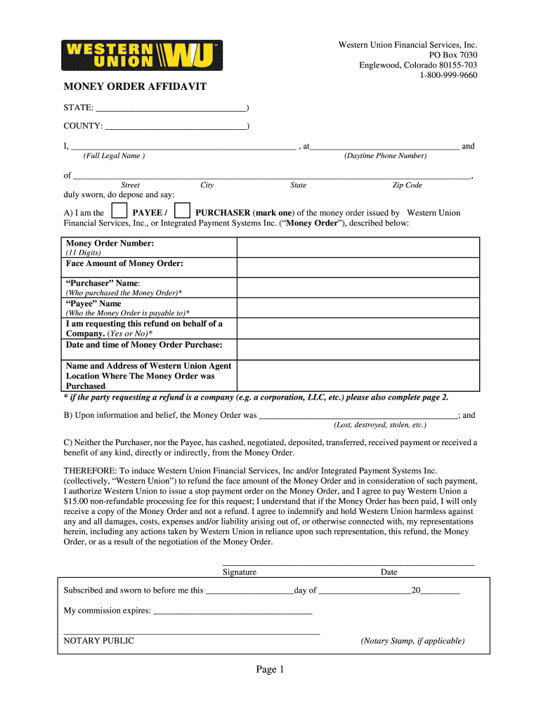 Western Union Money Order Affidavit Form Fill Online Printable Fillable Blank PdfFiller