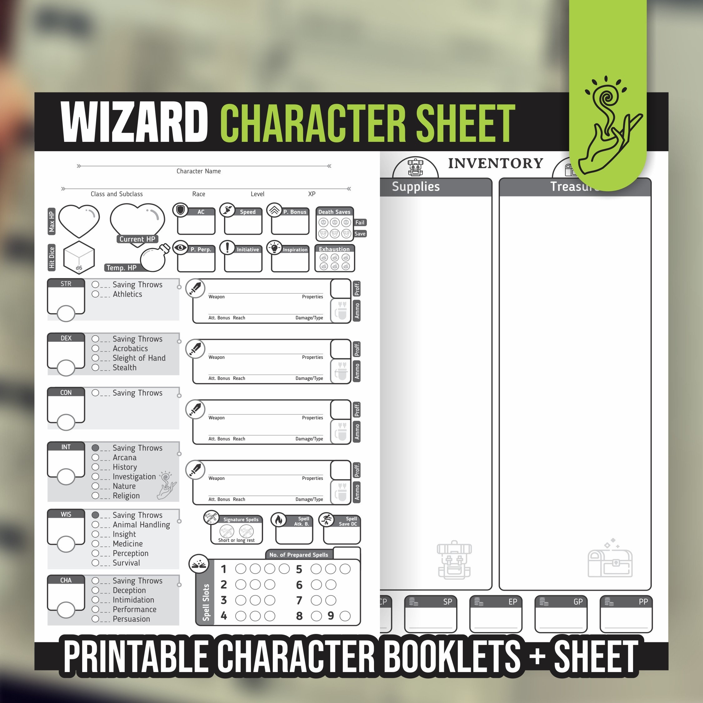 WIZARD CHARACTER SHEET For Dnd 5e Form Fillable Pdf Dungeons And Dragons Printable Character Sheet D D Dnd Character Journal Etsy