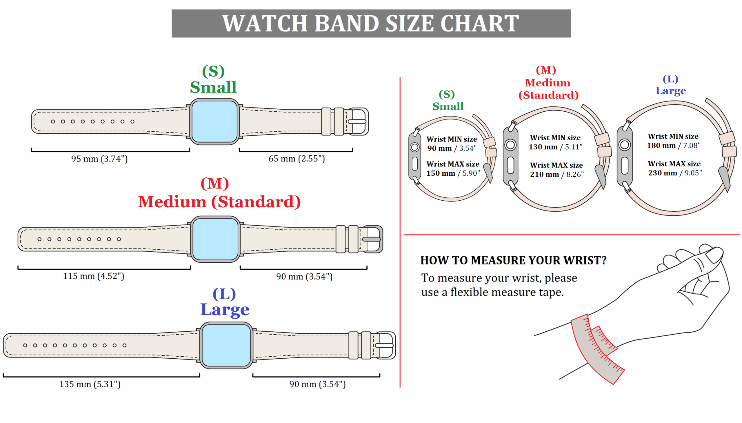 Wrist Watch Strap Sizes Chart Apple Watch Wrist Measurement Printable Paladin Loop Prints Apple