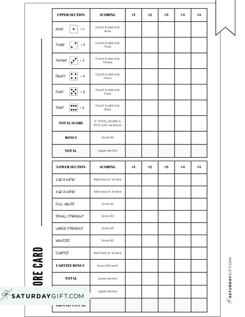 Yahtzee Score Card Printable Yahtzee Score Sheets SaturdayGift