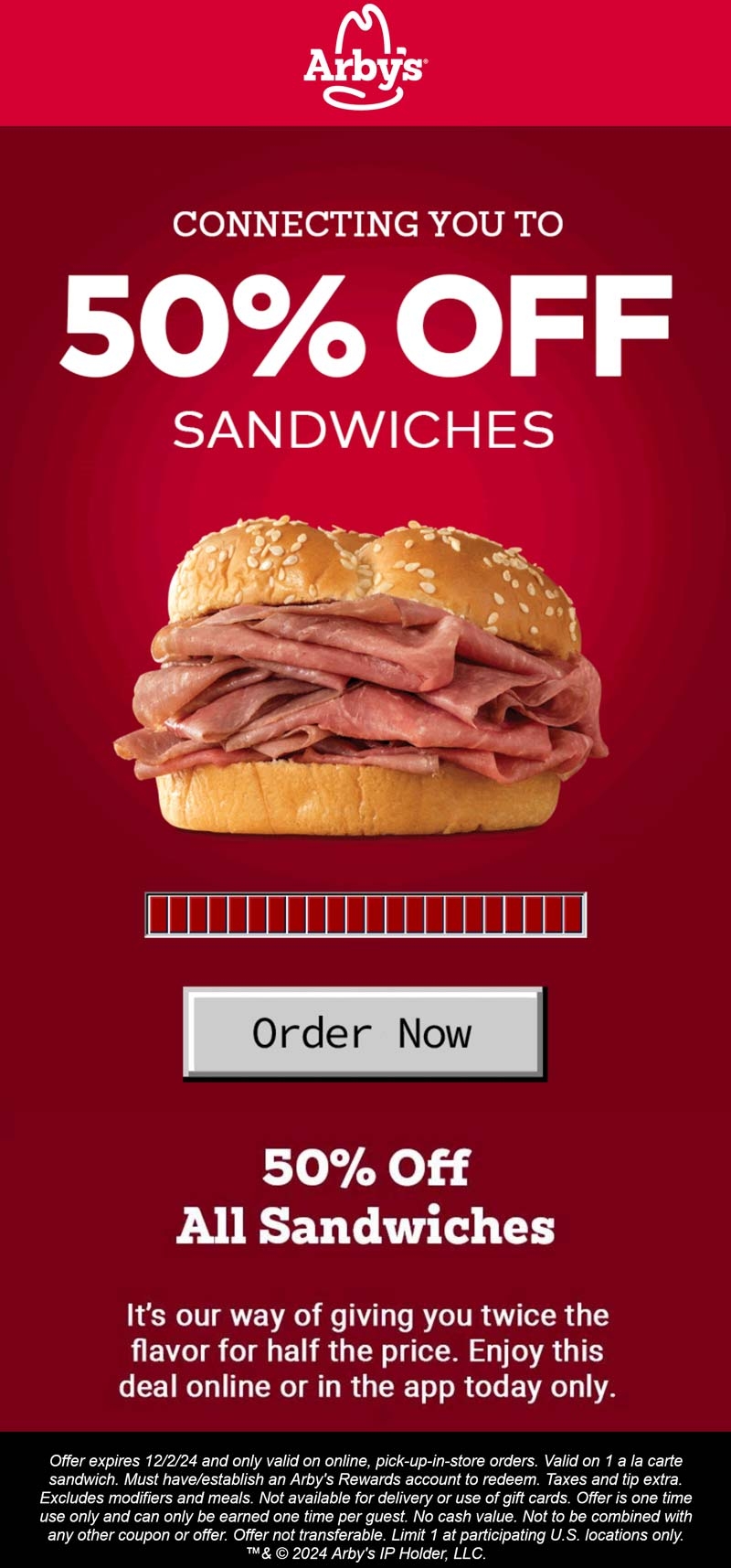 50 Off All Sandwiches Today At Arbys Restaurants arbys The Coupons App 