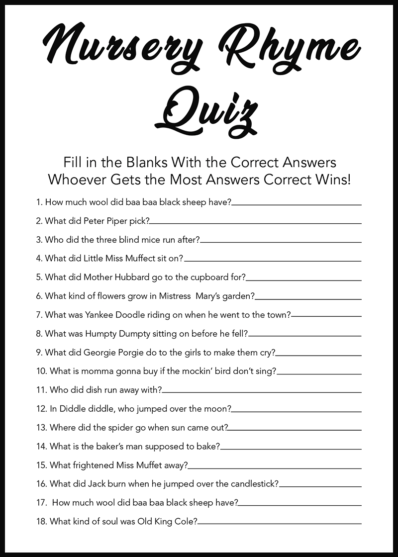 Baby Shower Games Free Printables Nursery Rhymes 