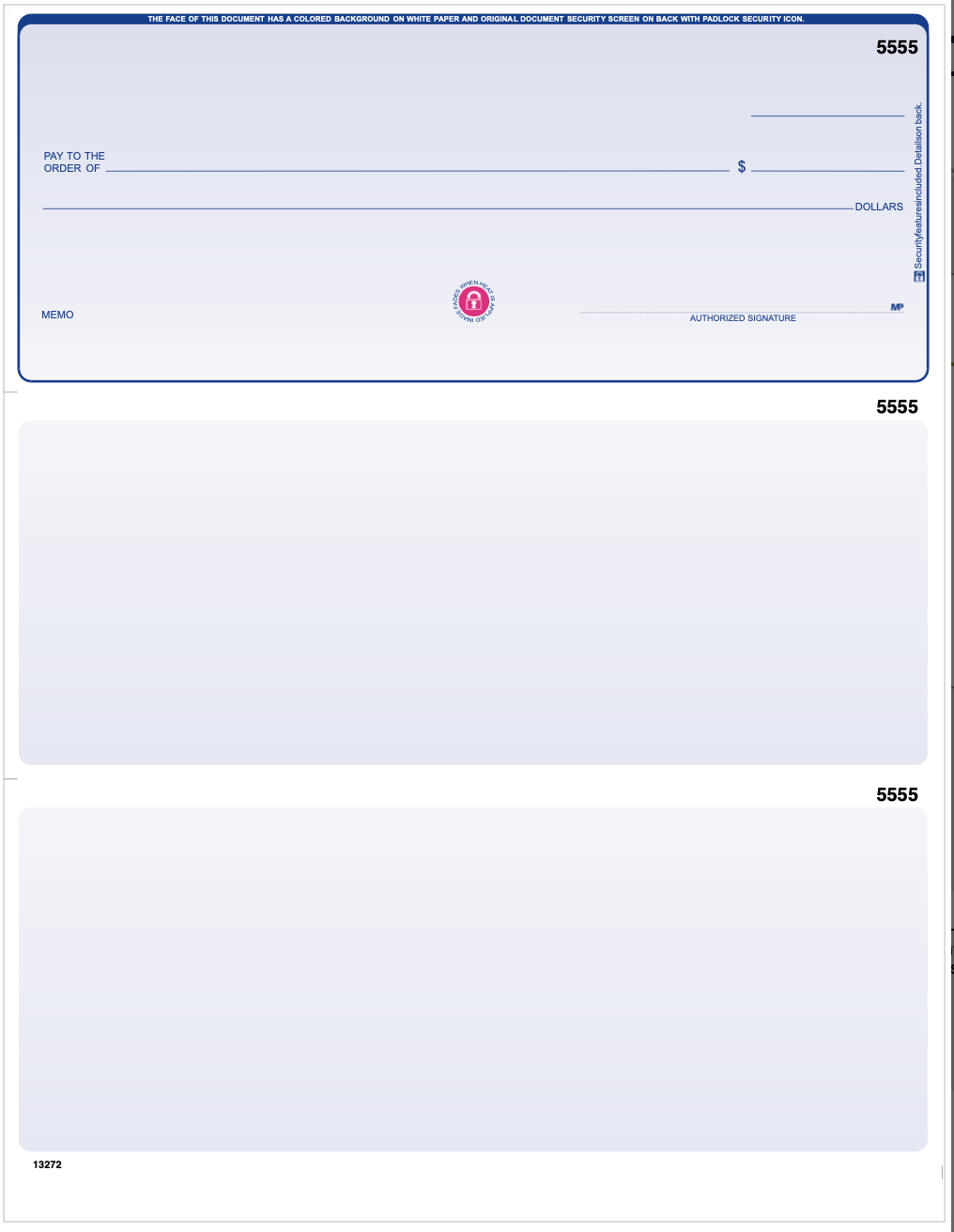 Beiler Printing LLC Quickbooks Single Part Laser Checks With 2 Bottom Stubs