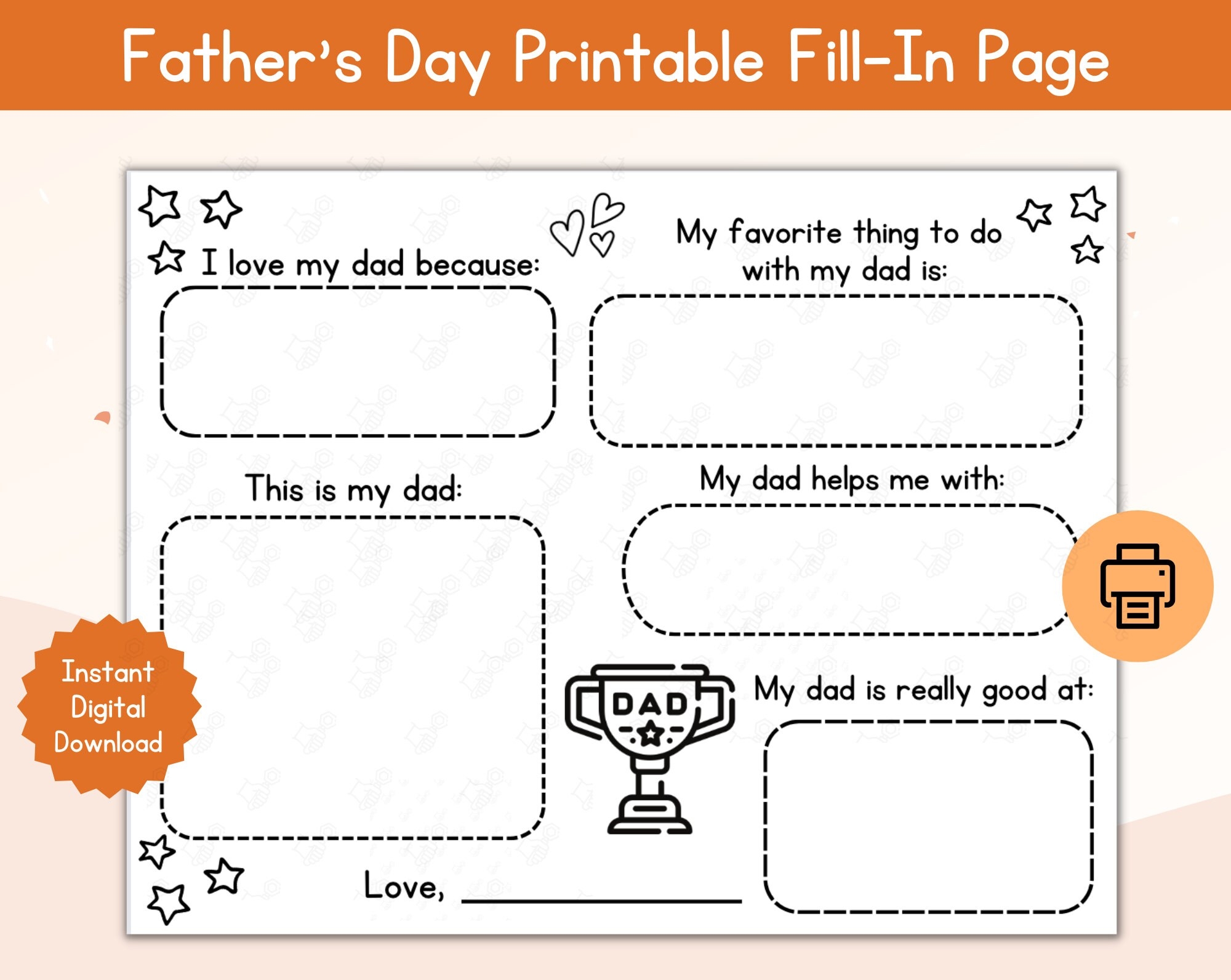 Father s Day Fill in Page Printable Father s Day Fill In Page All About Dad Card With Messages Gift For Dad From Kids Etsy