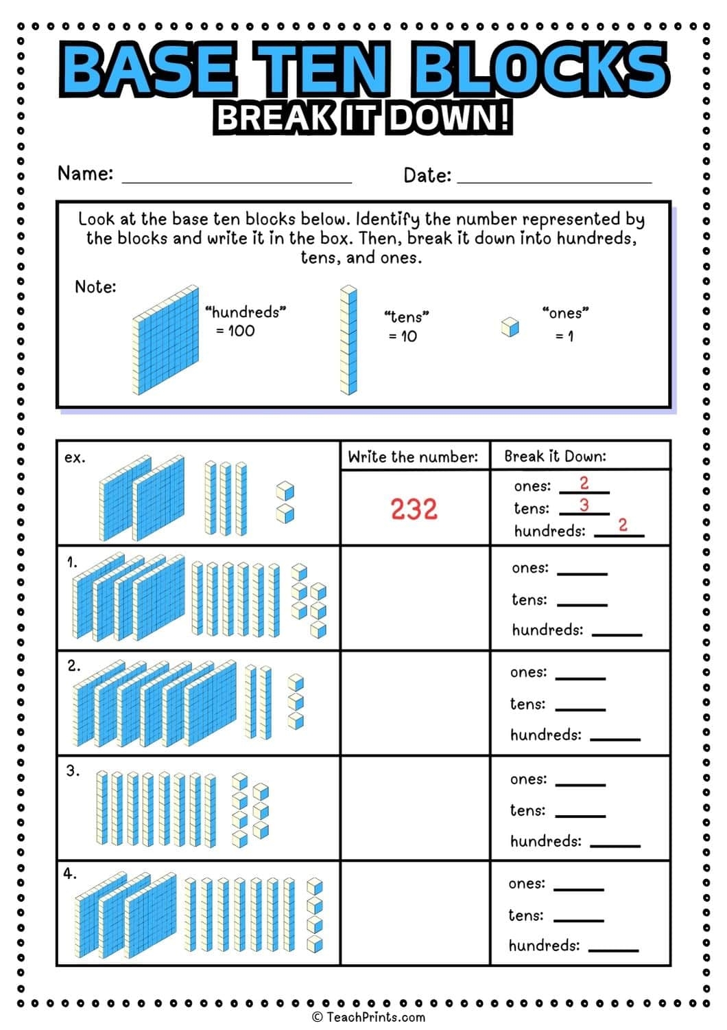 Free Base Ten Blocks Worksheets Teach Prints