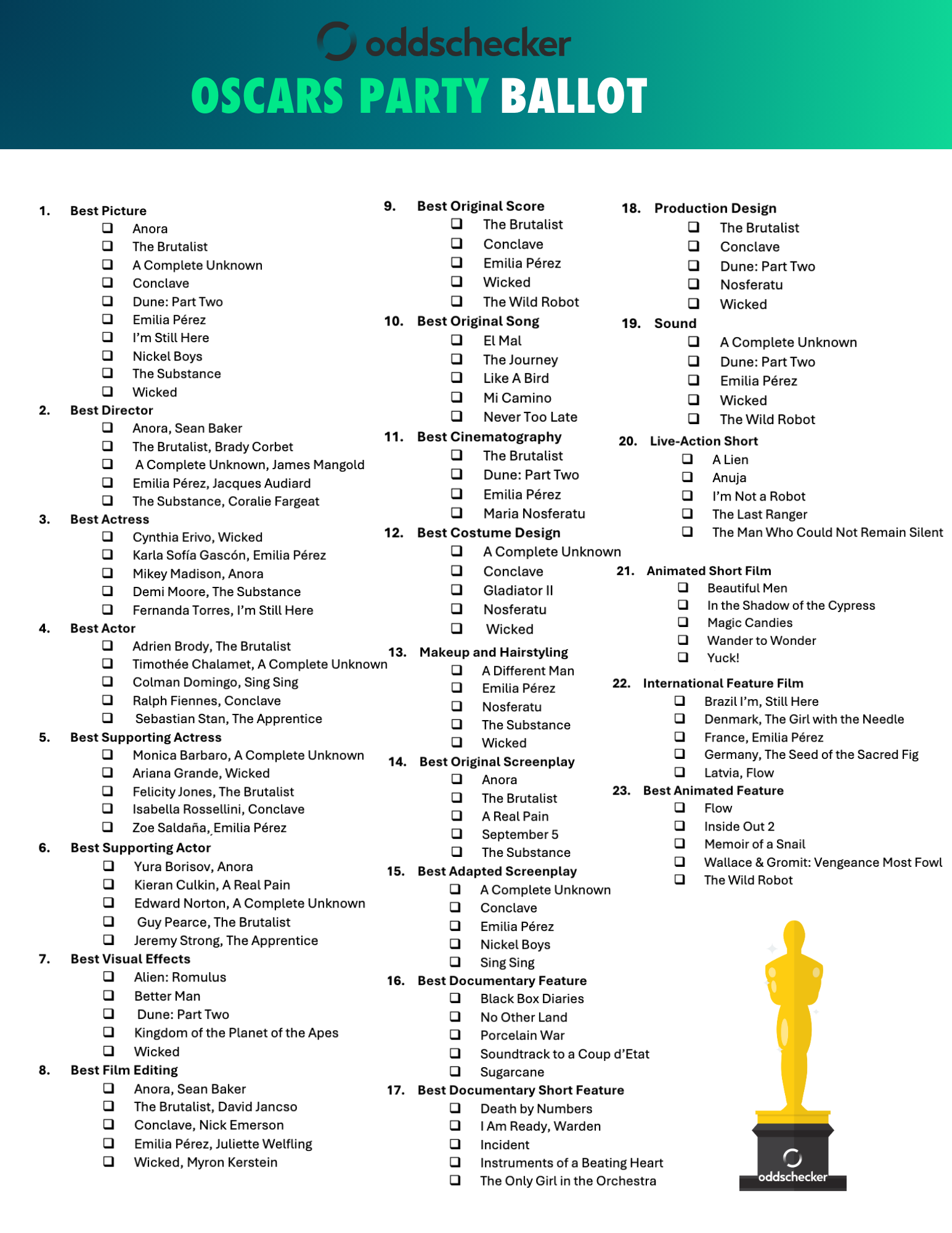 Free Printable Oscars Ballot 2025 Academy Awards Nominees Odds Cheat Sheet Free Printable Oscars Ballot 2025 Academy Awards Nominees Odds Cheat Sheet