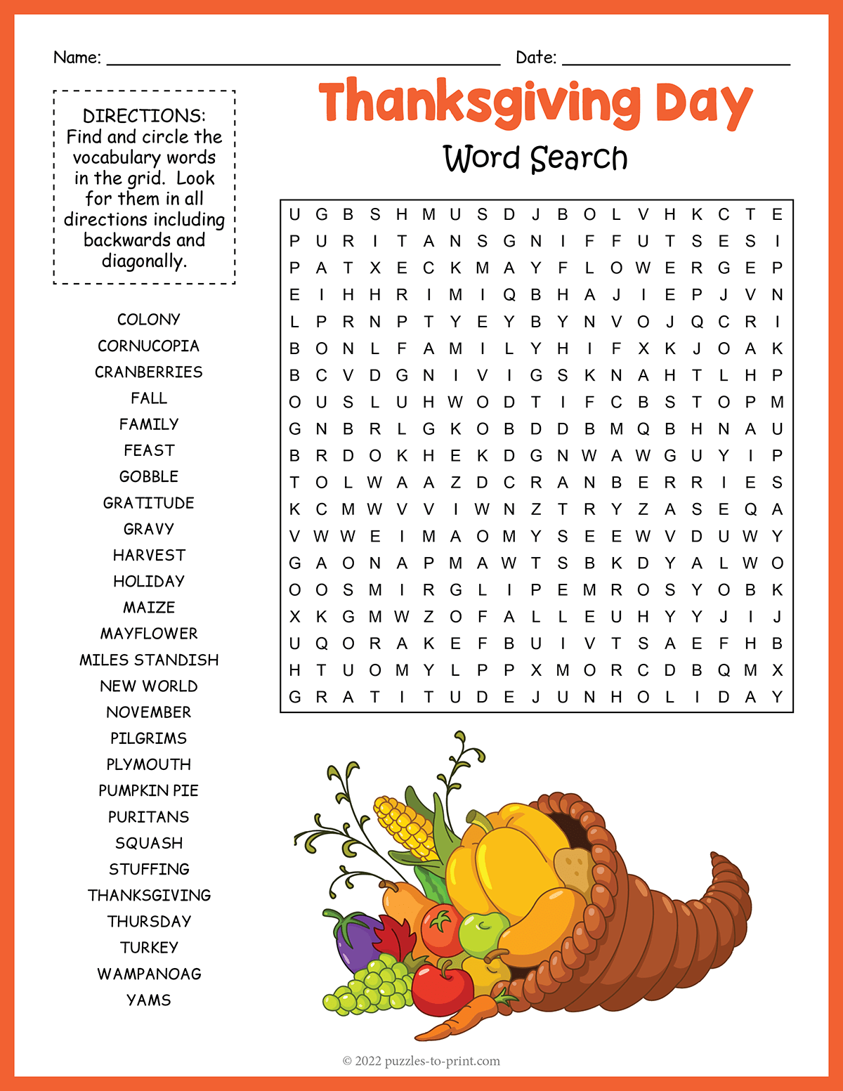 Free Printable Thanksgiving Word Search