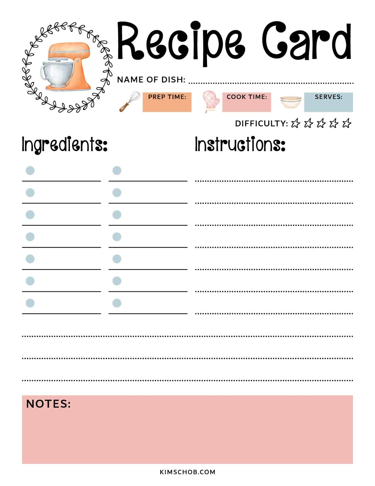 Free Recipe Card Printable Kim Schob Free Recipe Card Printable Kim Schob