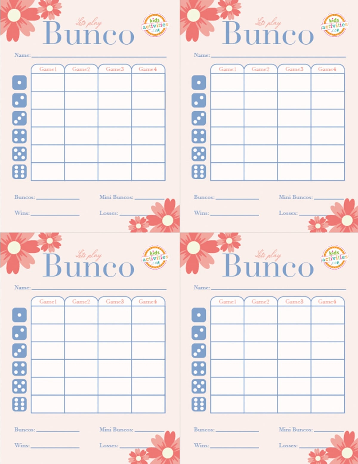 bunco score cards printable